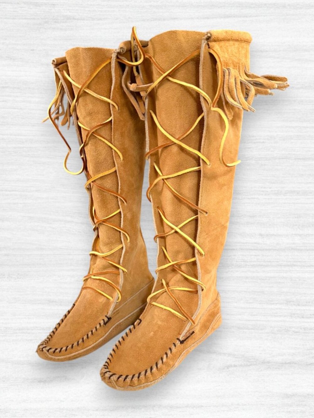 Vintage Minnetonka 1321 Suede Leather Knee High Fringe Moccasin Boots 5 USA